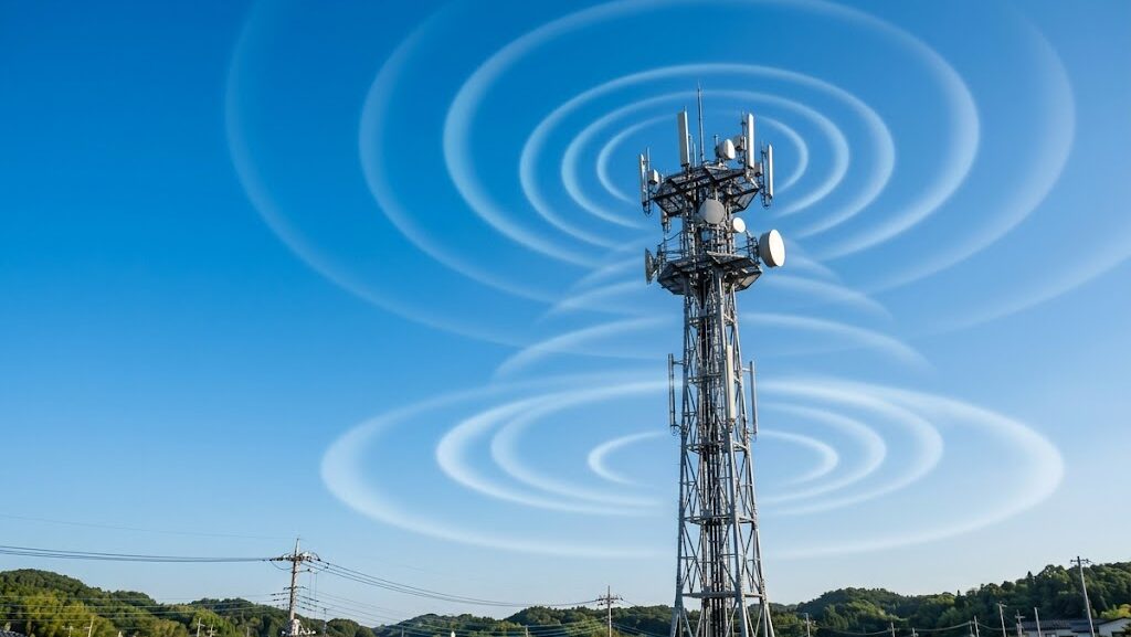 日本郊外に立つ携帯電話基地局と電波の伝播イメージ