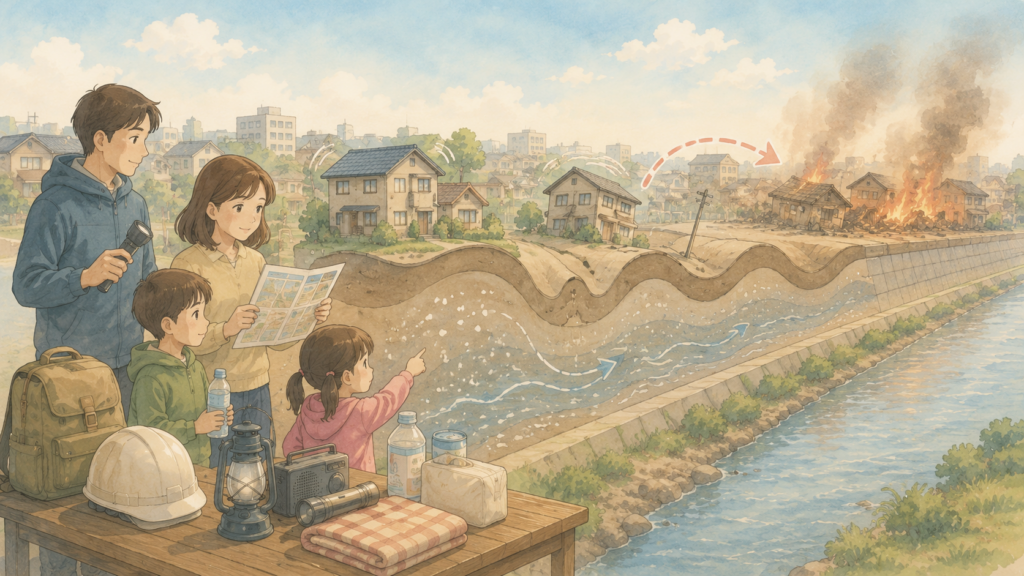 地震による液状化と複合災害のしくみを図解したやさしいイラスト