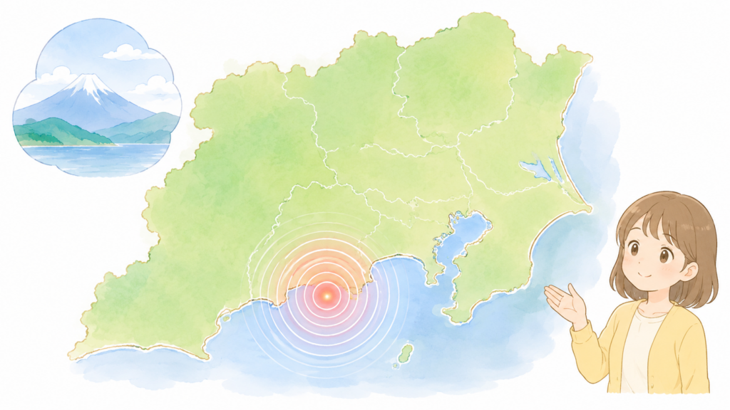 関東大震災の発生場所と震源を示す地図イラスト