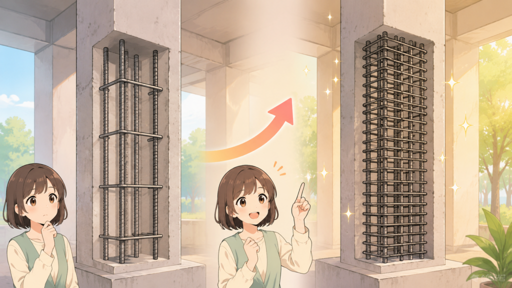 建築基準法改正による帯筋間隔の変化を示す耐震構造比較イラスト