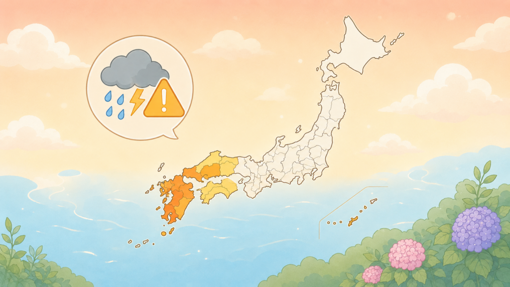 西日本豪雨で大雨特別警報が発令された1府10県を示す日本地図のイラスト
