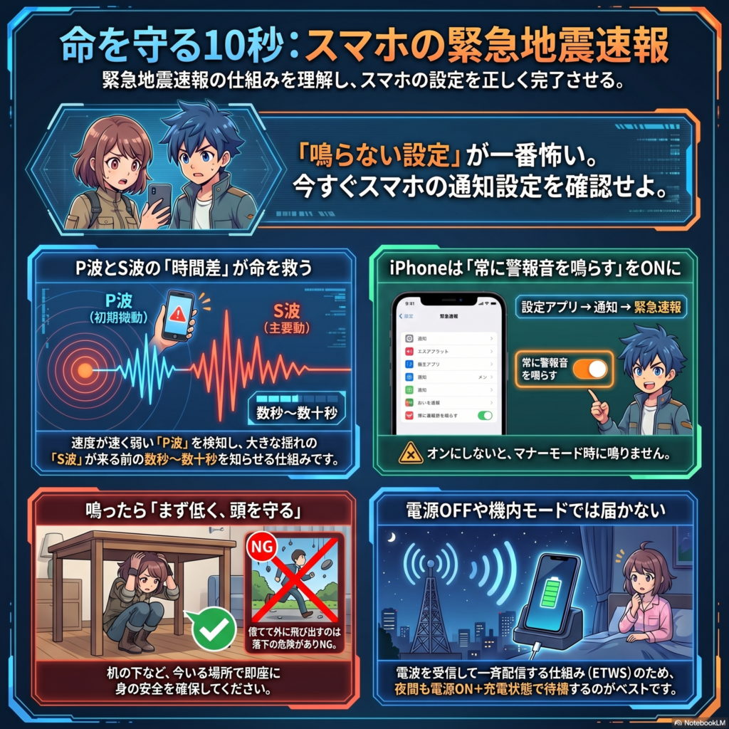スマホの緊急地震速報の仕組みと設定方法を解説した図解。P波とS波の時間差で数秒〜数十秒前に警報が届く仕組み、iPhoneの「常に警報音を鳴らす」設定、鳴った時の行動（机の下で頭を守る）、電源OFFや機内モードでは受信できない注意点を示す防災インフォグラフィック。