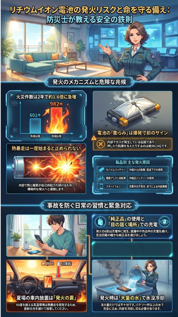 リチウムイオン電池の発火リスクや前兆サイン、予防策、保管方法、発火時の初期対応、廃棄方法をまとめた縦長インフォグラフィック画像