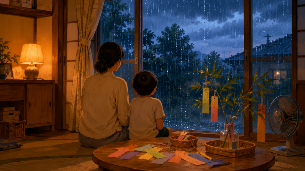 昭和の家庭で親子が窓の外の豪雨を見つめる様子を描いたイメージ