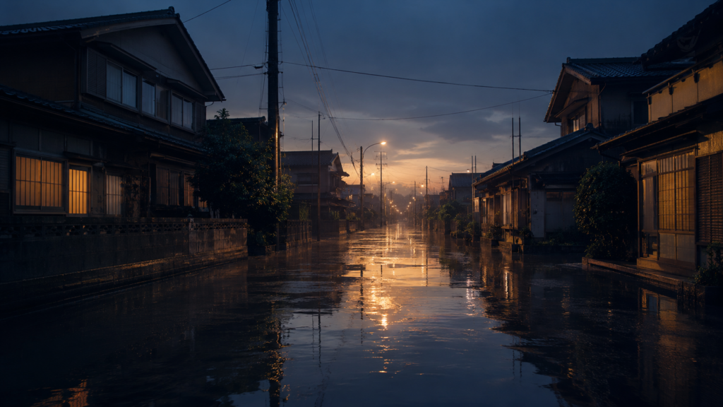昭和の地方都市に雨が降る、過去の水害の記憶を象徴したイメージ
