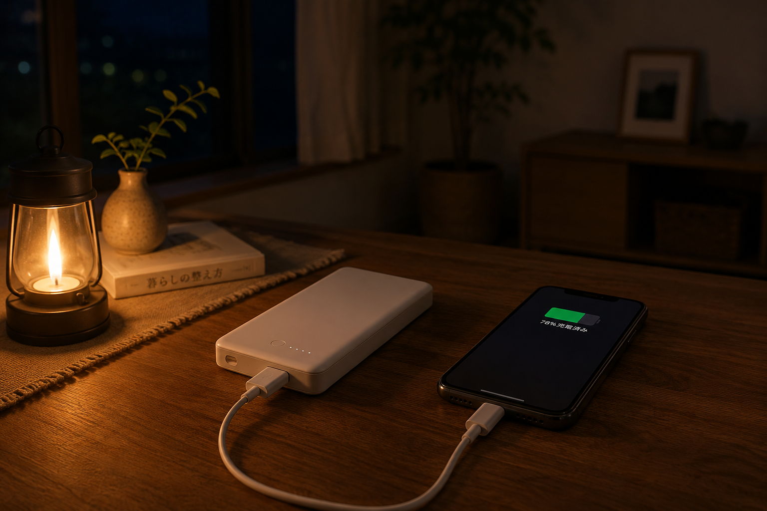 夜間、モバイルバッテリーからスマホへ充電