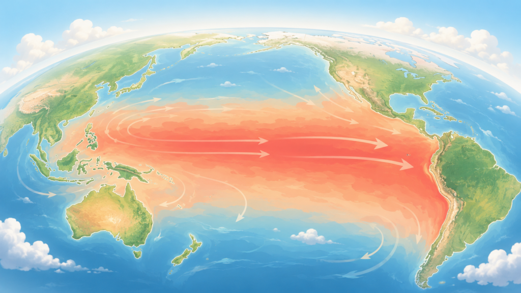 太平洋の海面水温上昇を表したスーパーエルニーニョの仕組みのイラスト