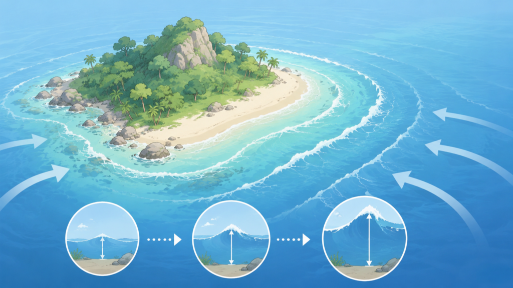 島と海と波の高さを図解的に示したイラスト