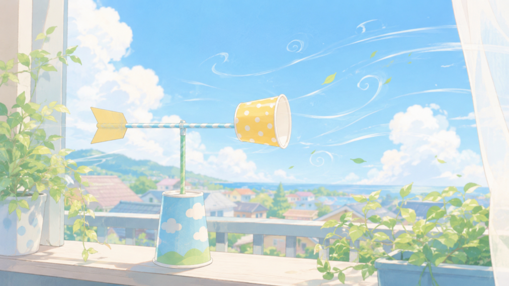 手作り風向計で風を観察する自由研究のイラスト