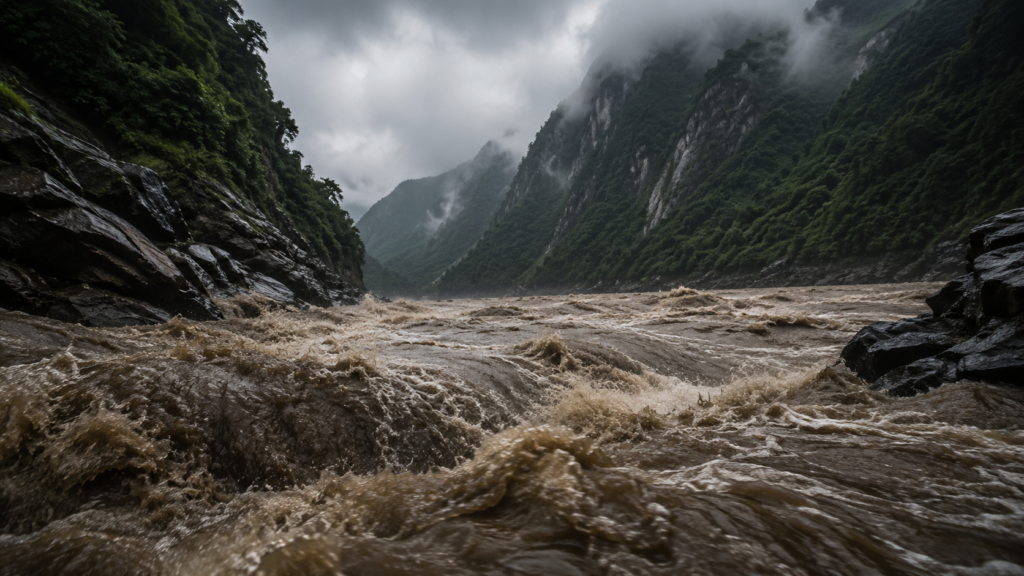 深い渓谷で増水した川が岩場すれすれまで達した豪雨後の自然現象イメージ