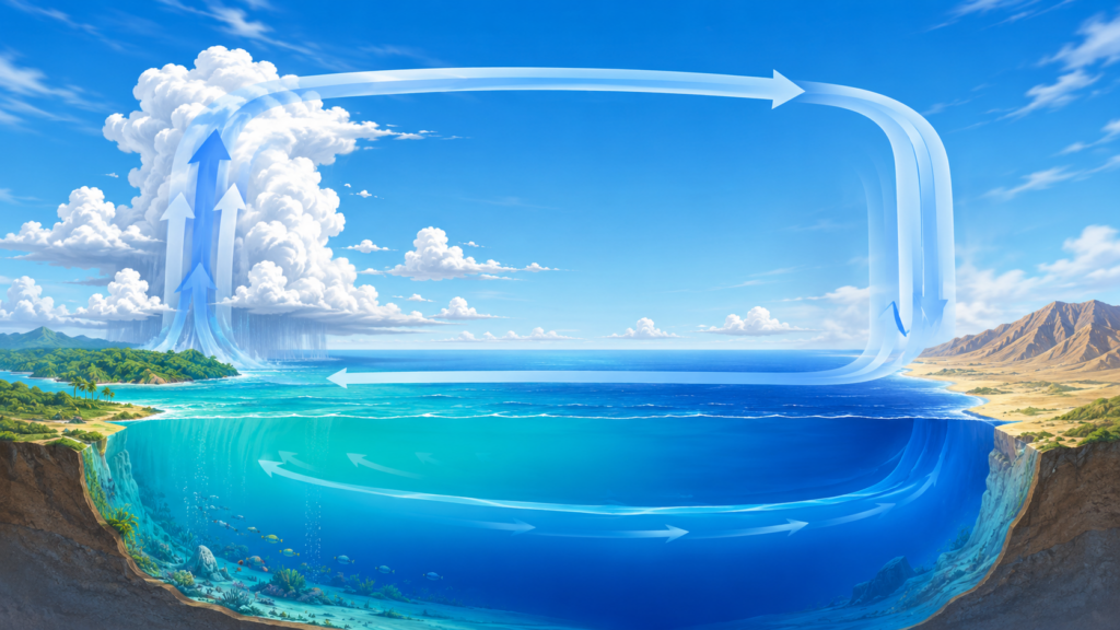 ウォーカー循環と積乱雲の活動場所の変化を示す大気循環の図解イラスト