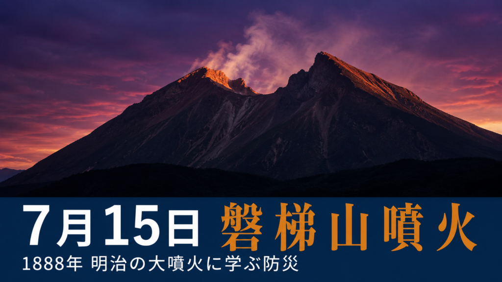 夜明け前の紫紺の空を背景に荒々しい馬蹄形の稜線を持つ火山のシルエットと 「7月15日 磐梯山噴火」の文字が入ったアイキャッチ画像