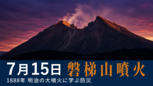 夜明け前の紫紺の空を背景に荒々しい馬蹄形の稜線を持つ火山のシルエットと 「7月15日 磐梯山噴火」の文字が入ったアイキャッチ画像