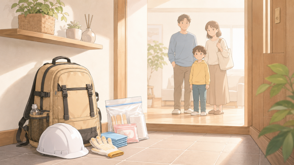 100均と専門品を賢く使い分けて備えを整えた家庭のイラスト