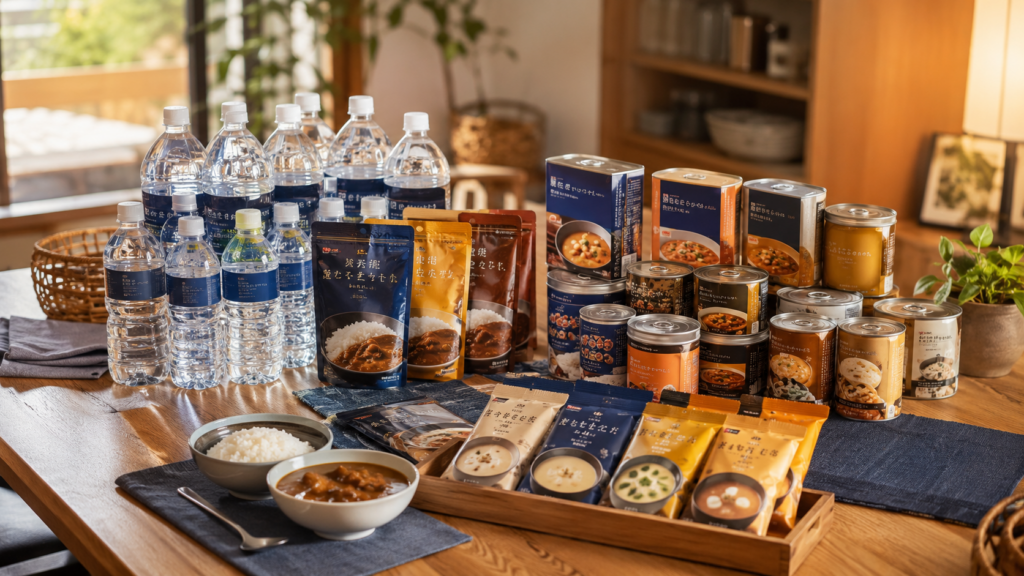 ふだん食べる食品と飲料水を少し多めに備えた家庭の備蓄のイメージ