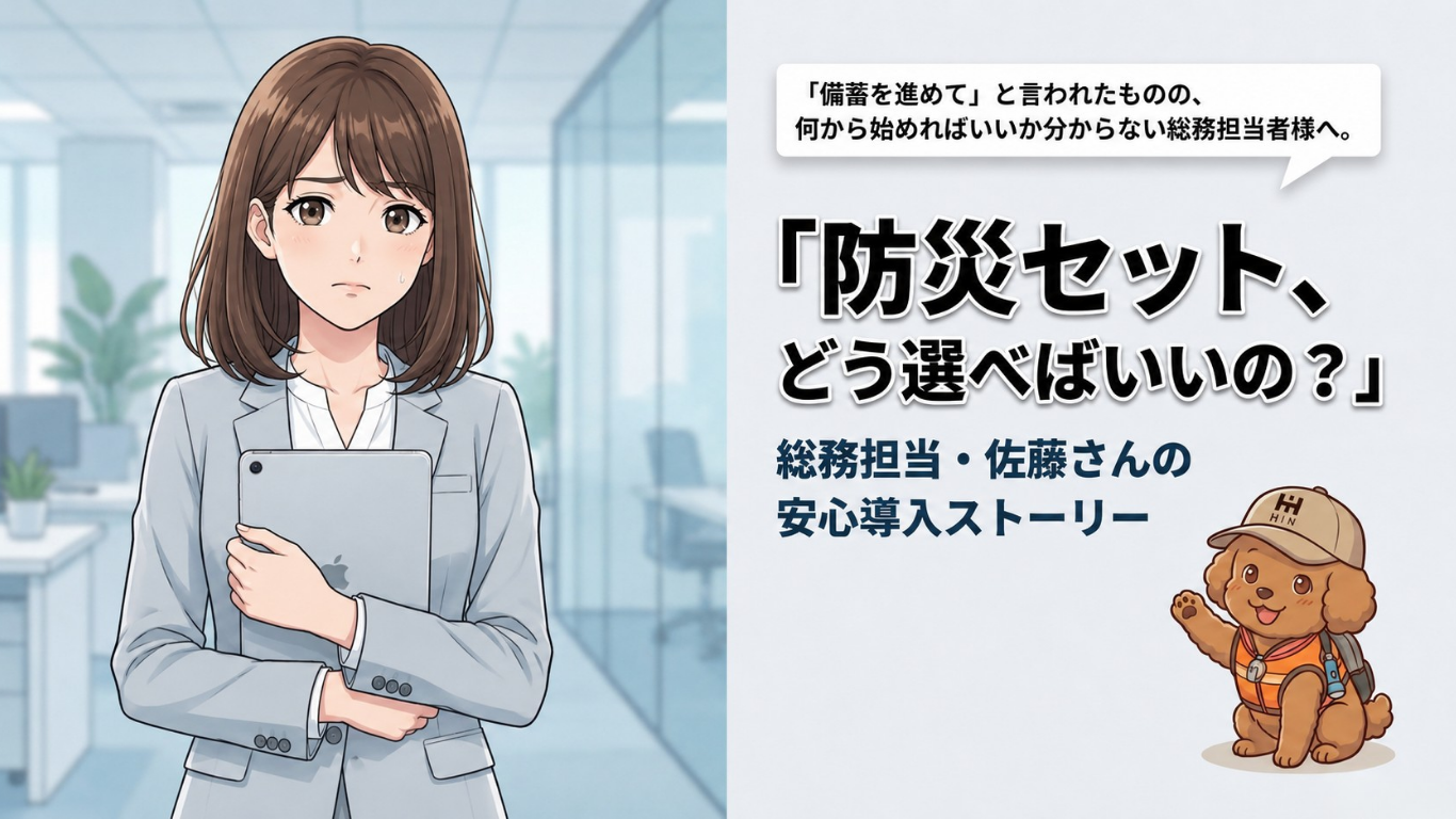 まんが 1ページ目：備蓄を進めてと言われた佐藤さん