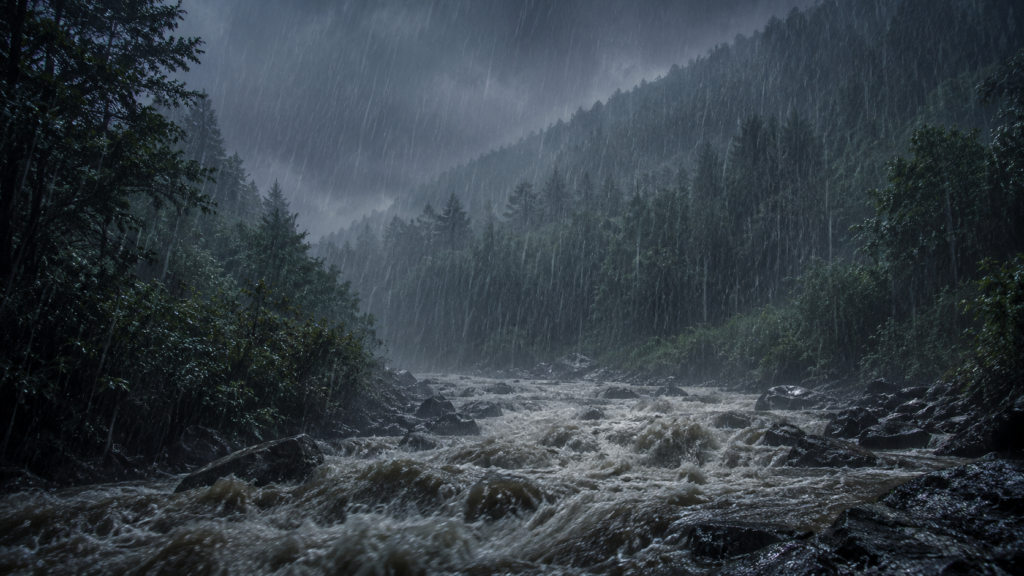 猛烈な雨が渓流と森に降り注ぎ川が増水する様子を表したイメージ