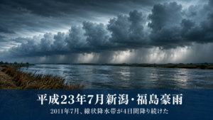 暗雲の帯が川面に映り込む夏の夕刻、線状降水帯の連なりを象徴した 河川と空のイメージ
