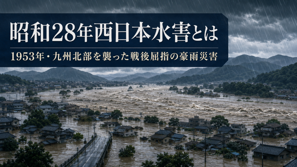 昭和28年西日本水害で九州北部の河川が増水し町が浸水する様子