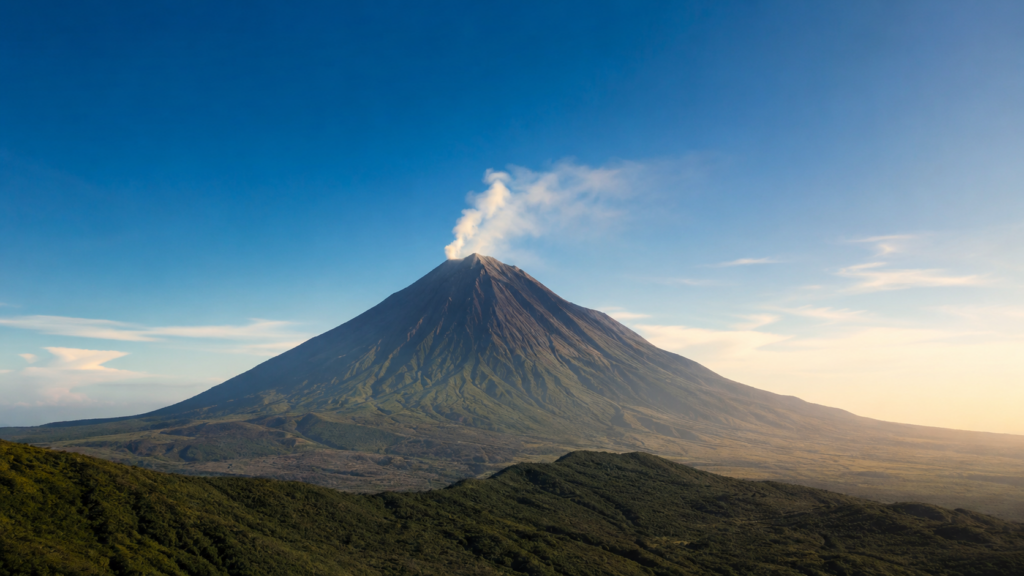 穏やかに噴気を上げる活火山を明るい空の下で捉えたイメージ