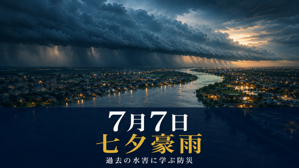 1974年7月7日の七夕豪雨で静岡に集中豪雨をもたらした、同じ場所に居座る雨雲と水量を増した緩い川を表したイメージ