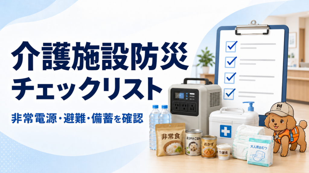 介護施設防災チェックリストで非常電源・避難・備蓄を確認するバナー