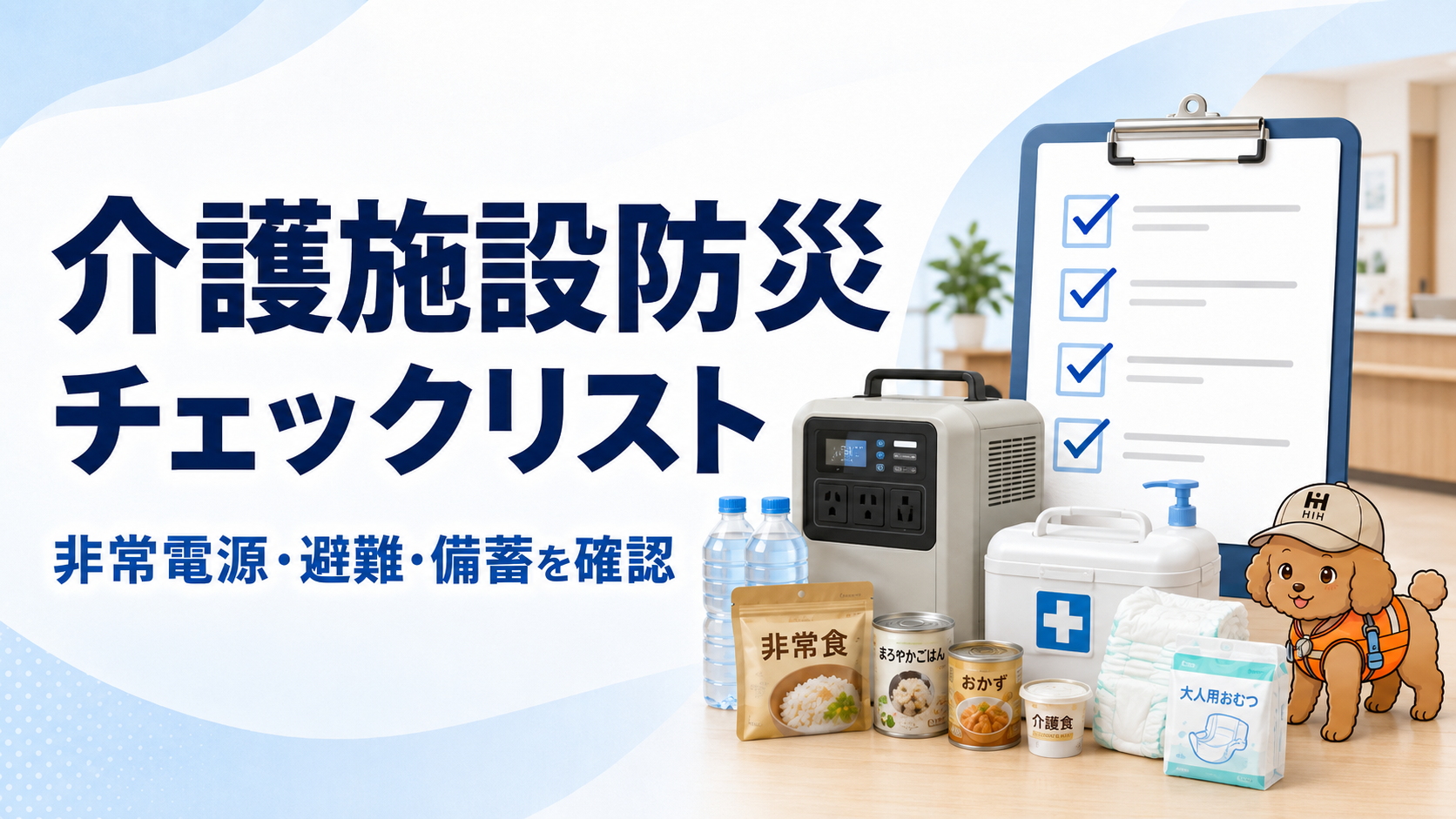 介護施設防災チェックリストで非常電源・避難・備蓄を確認するバナー