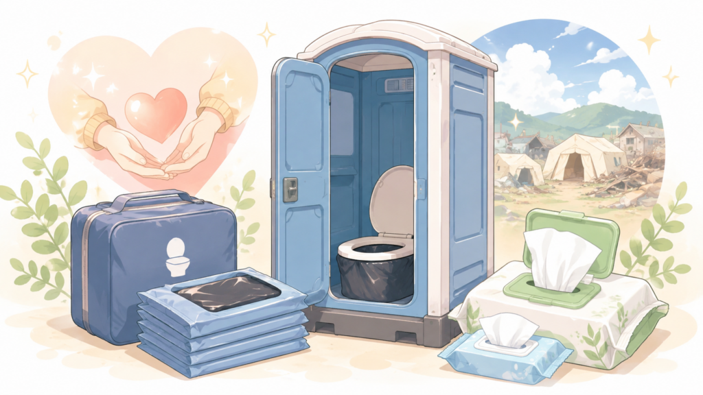 災害時に必要な携帯トイレと衛生用品のイラスト
