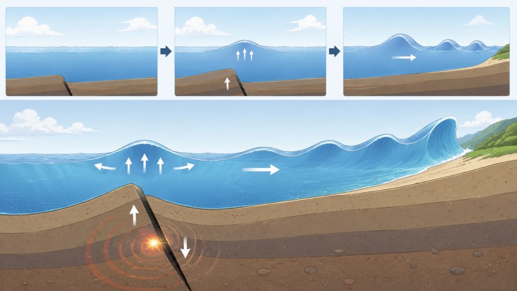 海底の断層が動いて津波が発生する仕組みの断面図解イラスト
