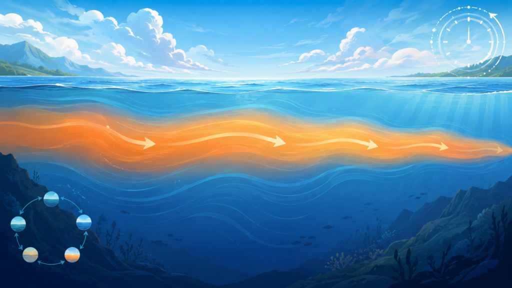 深海の暖水塊が東方向へ移動するエルニーニョ発生サイクルのイラスト