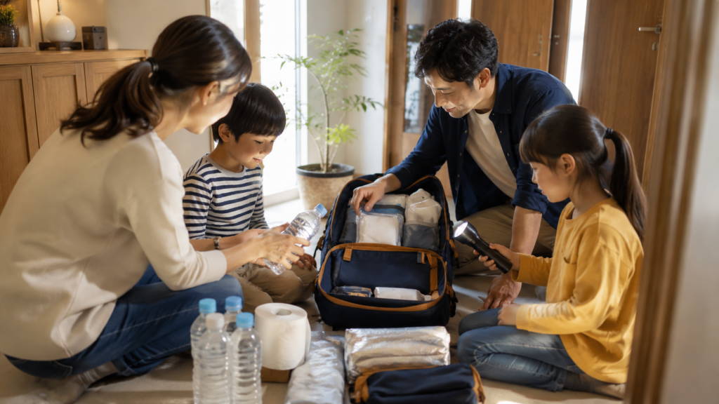 家族で防災セットの中身を確認している玄関先のイメージ