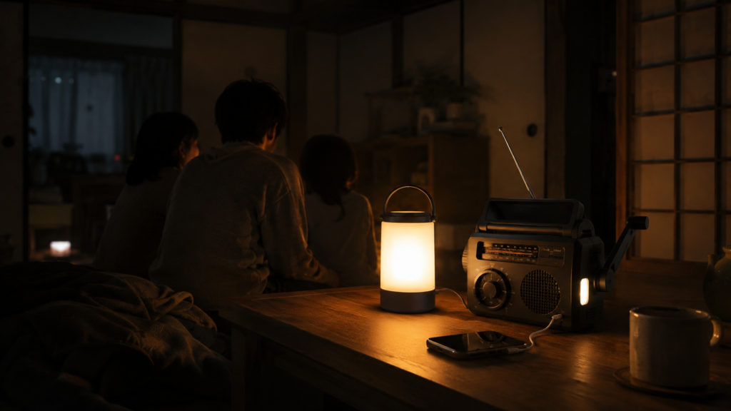 停電時にLEDランタンと多機能ラジオライトで明かりと情報を確保する室内のイメージ