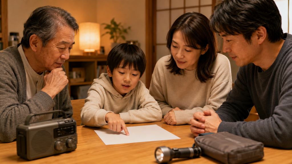家族で防災備品リストを確認している団らんのイメージ