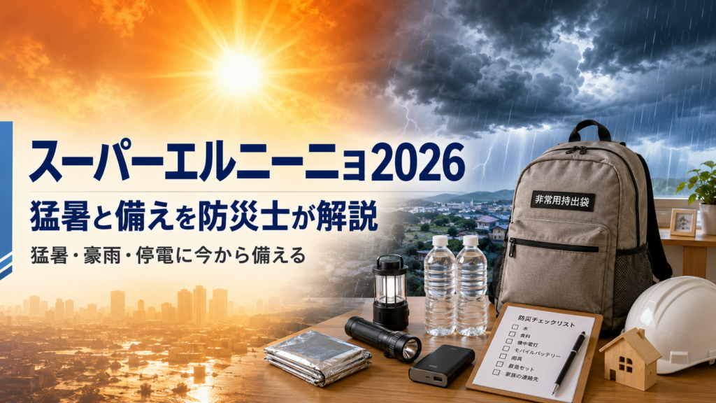 スーパーエルニーニョ2026による猛暑・豪雨・停電リスクと家庭の防災備えを表したアイキャッチ画像