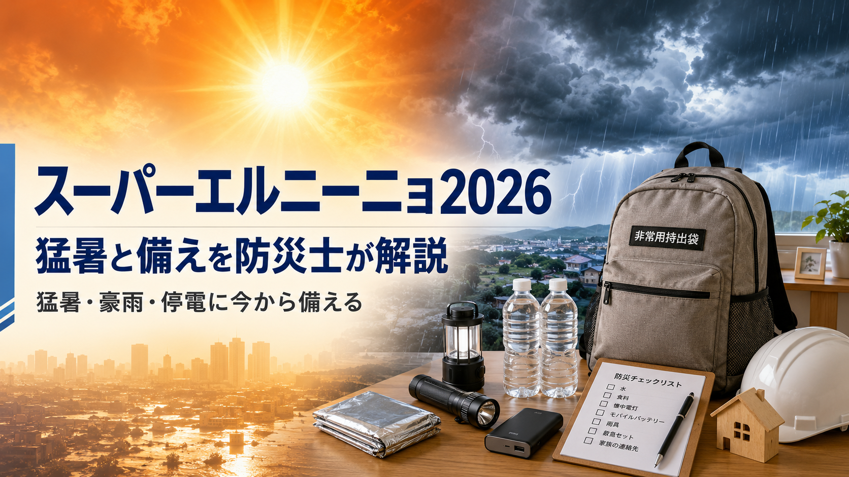 スーパーエルニーニョ2026による猛暑・豪雨・停電リスクと家庭の防災備えを表したアイキャッチ画像