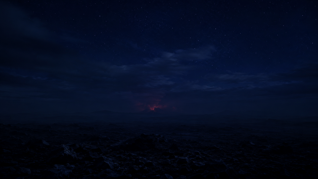 視界のない深夜の暗闇と遠くにかすかに見える火山の光のイメージ