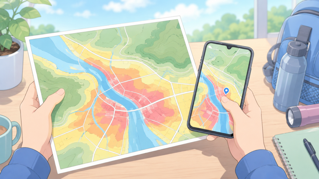 色分けされたハザードマップとスマホを見比べる手元のイラスト