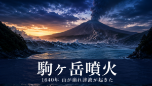 北海道駒ヶ岳の山体崩壊と津波を象徴した、噴煙と入り江を描いたイメージ