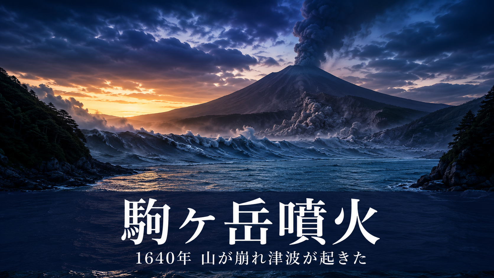 北海道駒ヶ岳の山体崩壊と津波を象徴した、噴煙と入り江を描いたイメージ