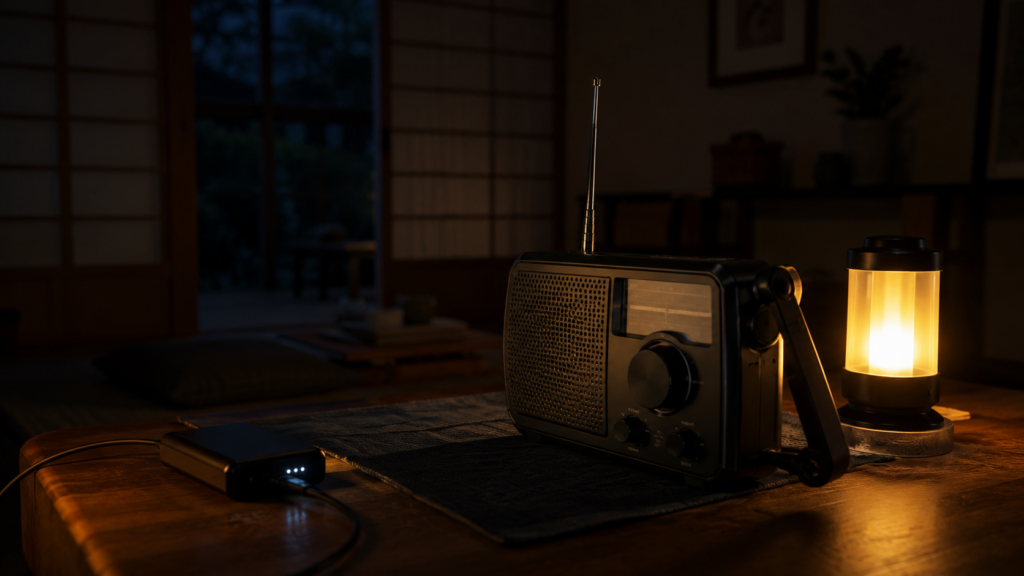 停電時の室内でランタンの明かりに照らされた手回しラジオとモバイルバッテリーのイメージ
