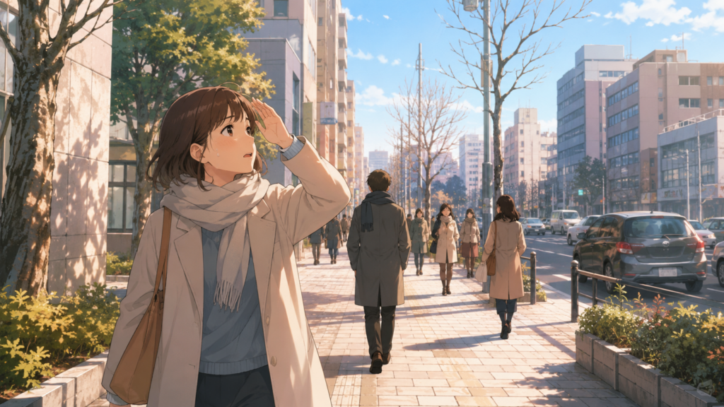 エルニーニョ現象による暖冬で雪のない穏やかな冬の日本の街並みイラスト