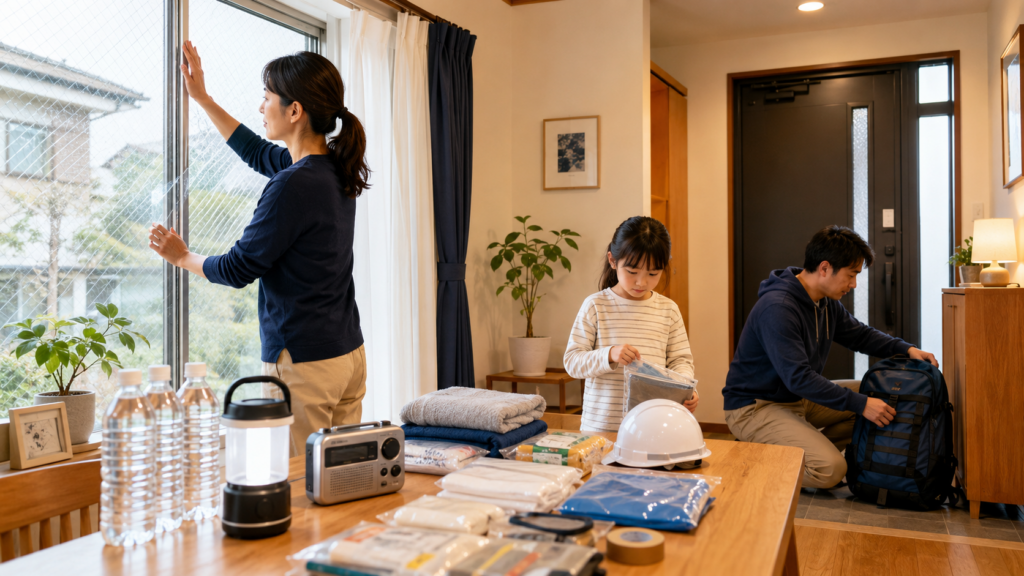 窓の対策や防災リュック・水・ランタンを用意し家族で台風に備える家庭のイメージ