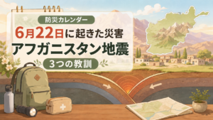 6月22日に起きたアフガニスタン地震の教訓を、プレートの衝突と防災グッズで表した防災カレンダーのイラスト