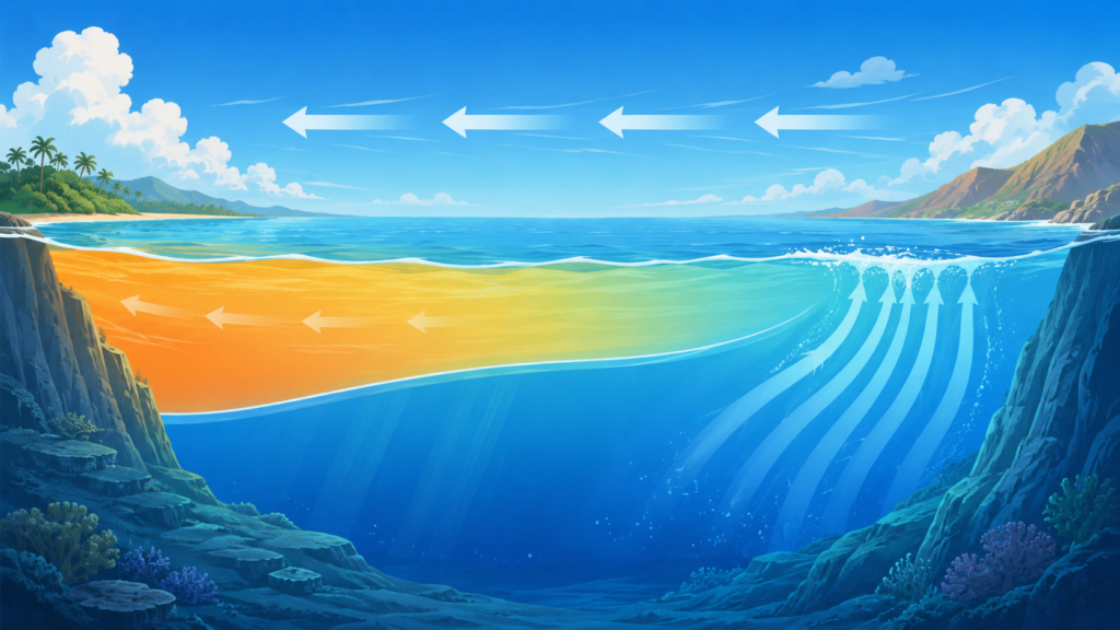 太平洋赤道域の海面水温と貿易風の仕組みを示す断面図イラスト