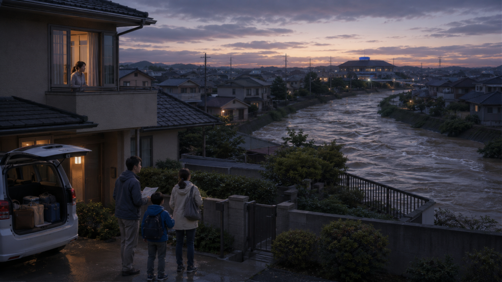 水害時に家族で水平避難と垂直避難を判断する様子