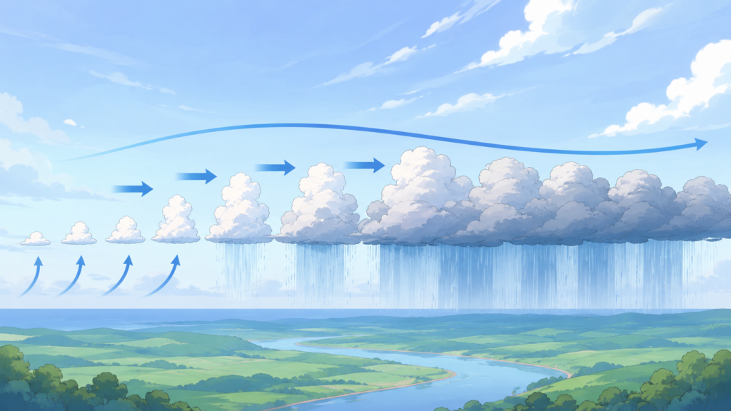 列をなす雨雲を矢印で示した線状降水帯の図解イラスト