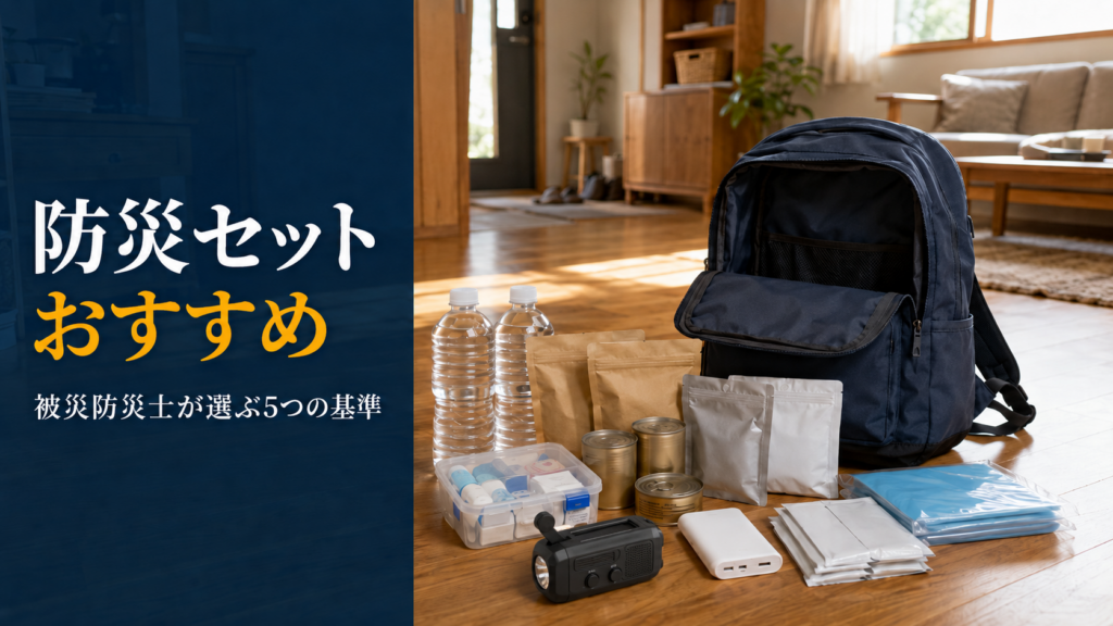 防災リュックと水・保存食・照明・携帯トイレなどの基本アイテムを床に並べて点検する家庭のイメージ