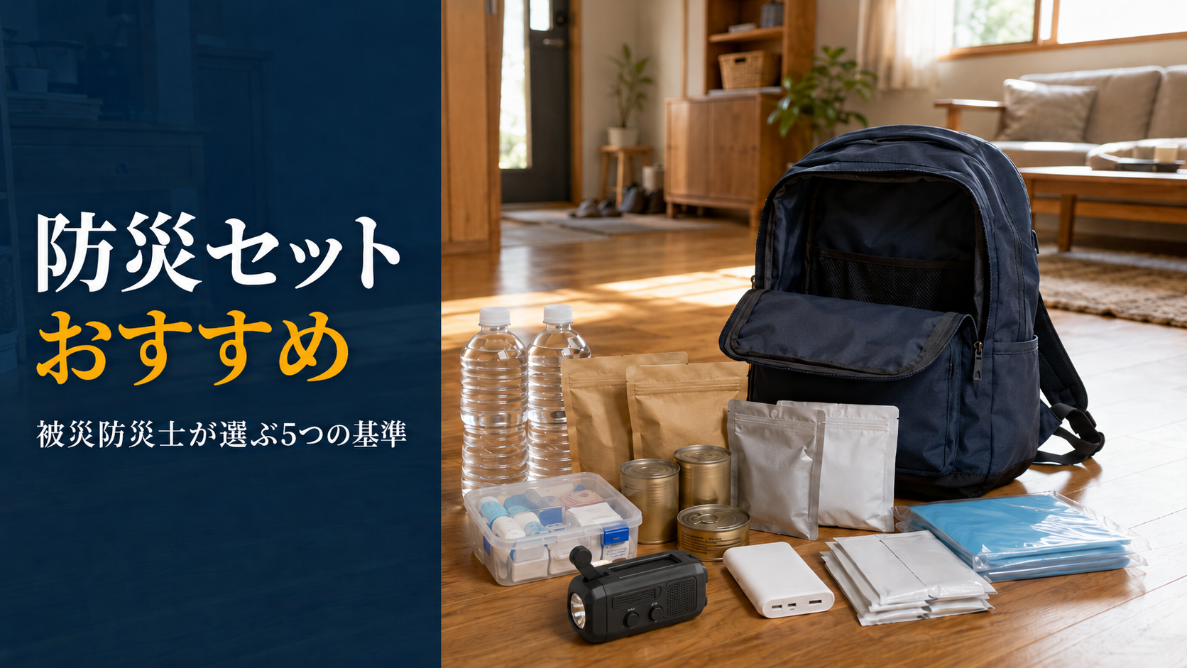 防災リュックと水・保存食・照明・携帯トイレなどの基本アイテムを床に並べて点検する家庭のイメージ