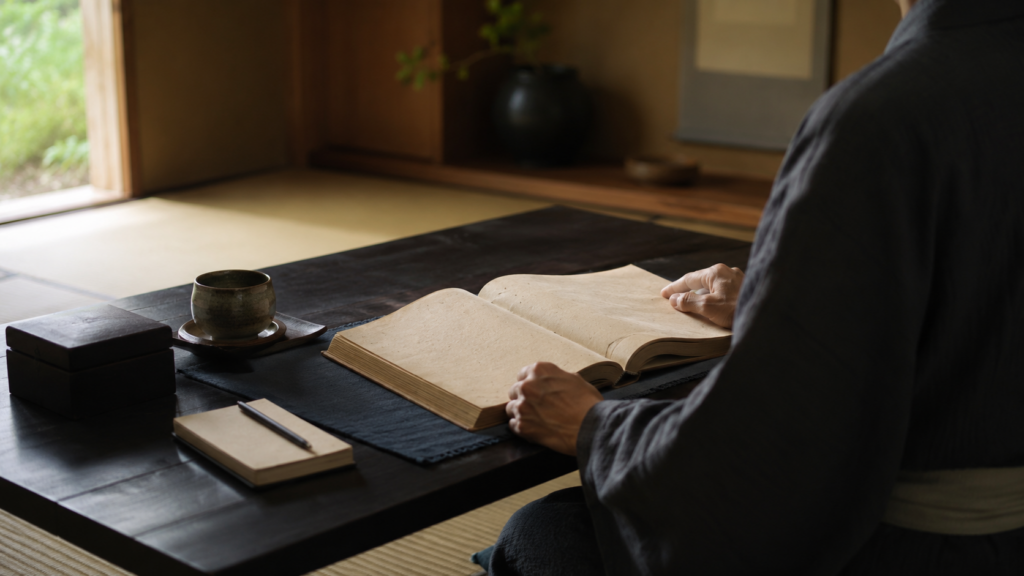アンバーのデスクライトに照らされた辞典と万年筆のイメージ