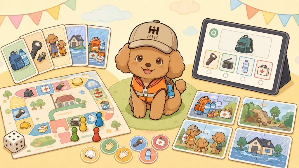 そなぷーと無料で遊べる防災ゲームの種類を表すイラスト